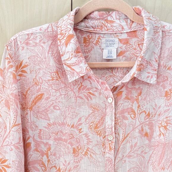 SIGRID OLSEN Linen Button Up Blouse Plus Size 1X Pink Paisley Print on White - Picture 2 of 9